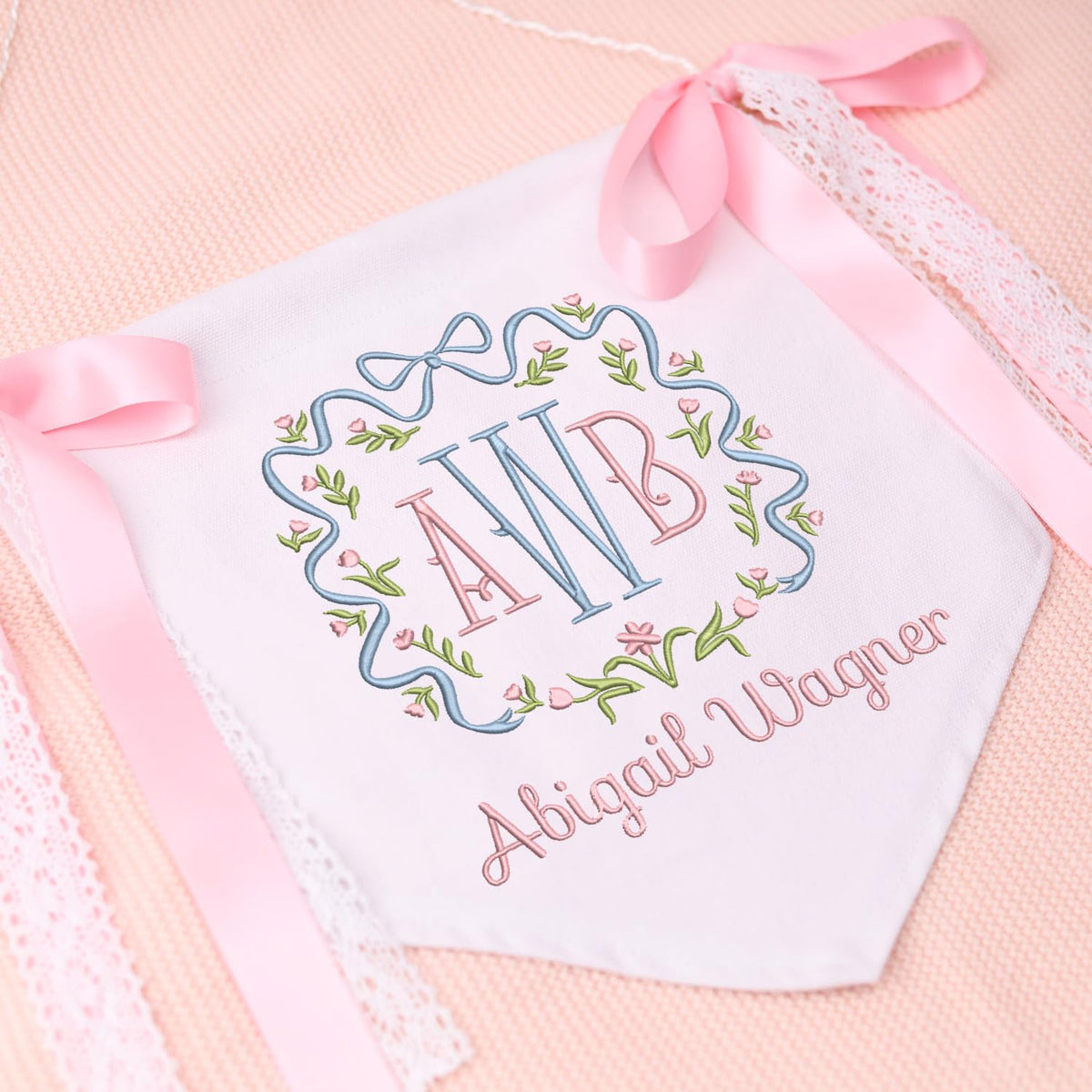 Custom Baby Banner with Monogrammed, Baby Shower with Bows, Baby Crib Hanging Pennant Flag, Baby Room Front Door Sign, Gift For Baby