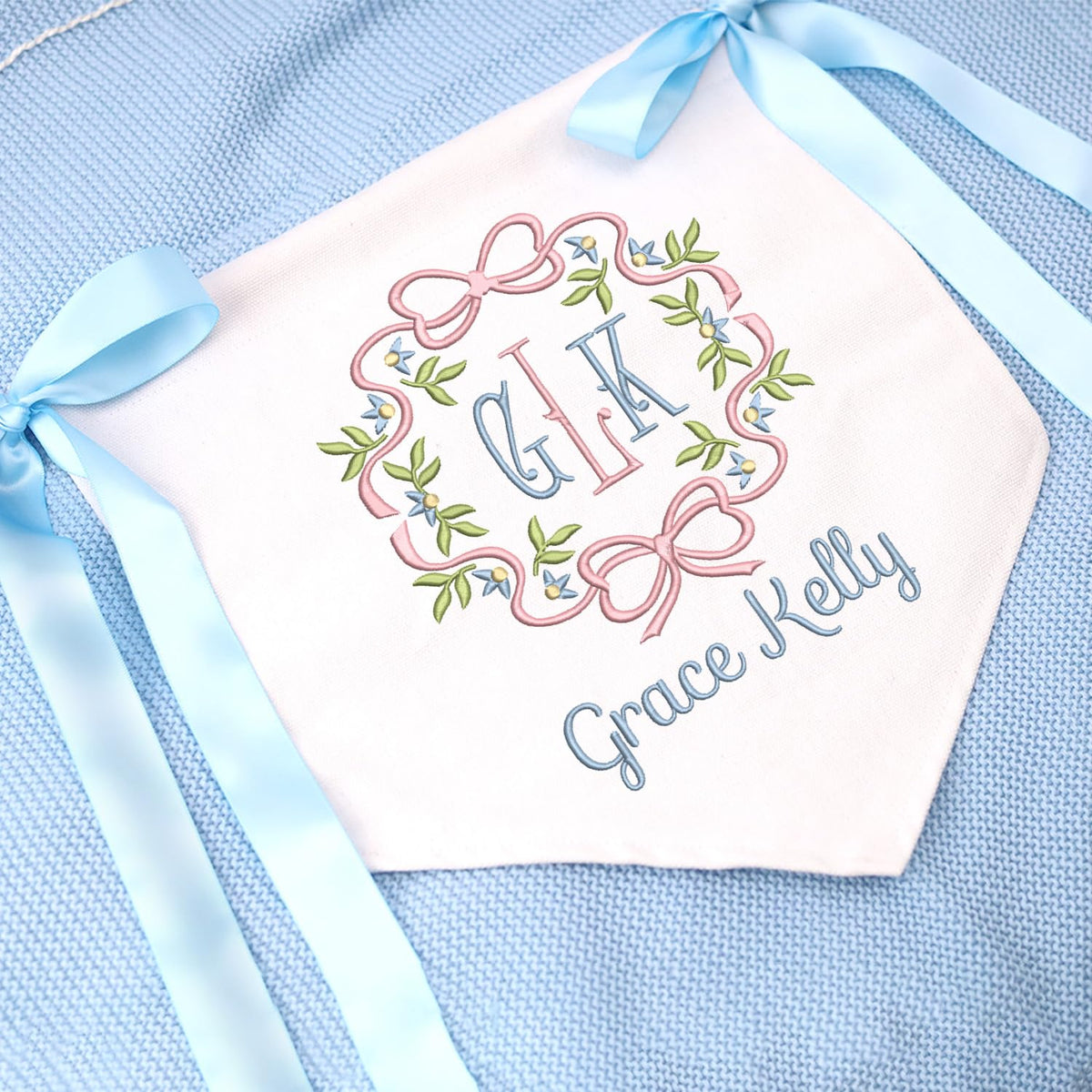 Custom Baby Banner with Monogrammed, Gift for Baby, Baby Shower with Bows, Baby Crib Hanging Pennant Flag, Baby Room Front Door Sign