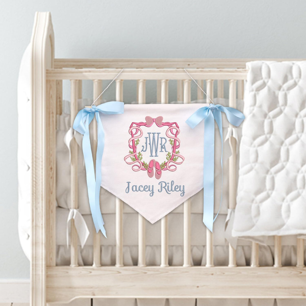 Custom Baby Banner with Monogrammed, Hospital Door Sign, Baby Shower with Bows, Baby Crib Hanging Pennant Flag, Baby Room Front Door Sign