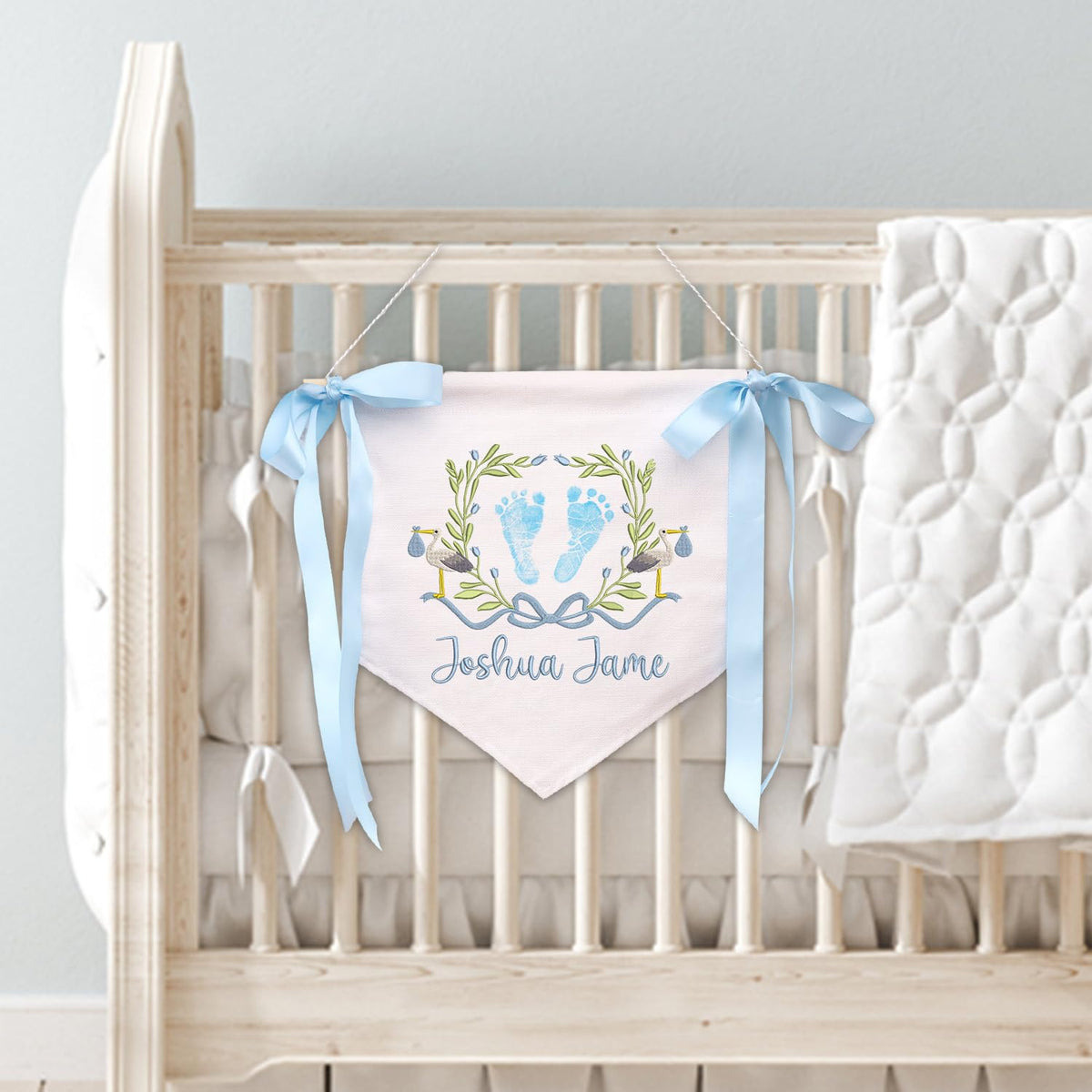 Custom Baby Flag Arrival Announcement Sign, Baby Footprint Sign with Baby Name, Baby Name Reveal, Sign for Hospital, Stork Newborn Name Sign for Nursery Décor