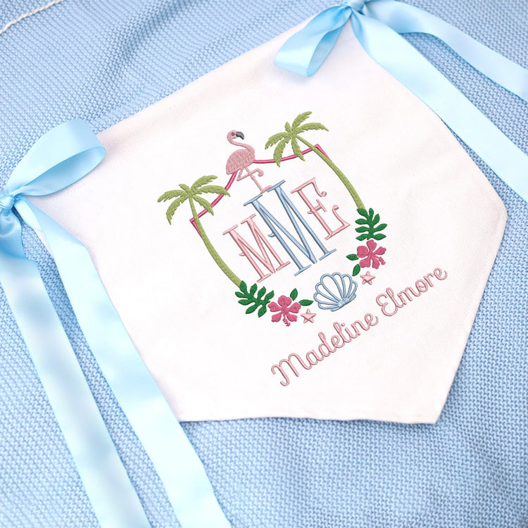 Custom Baby Flamingo Banner with Embroidered Name, Baby Crib Hanging Pennant Flag, Baby Room Front Door Sign, Gift For Baby