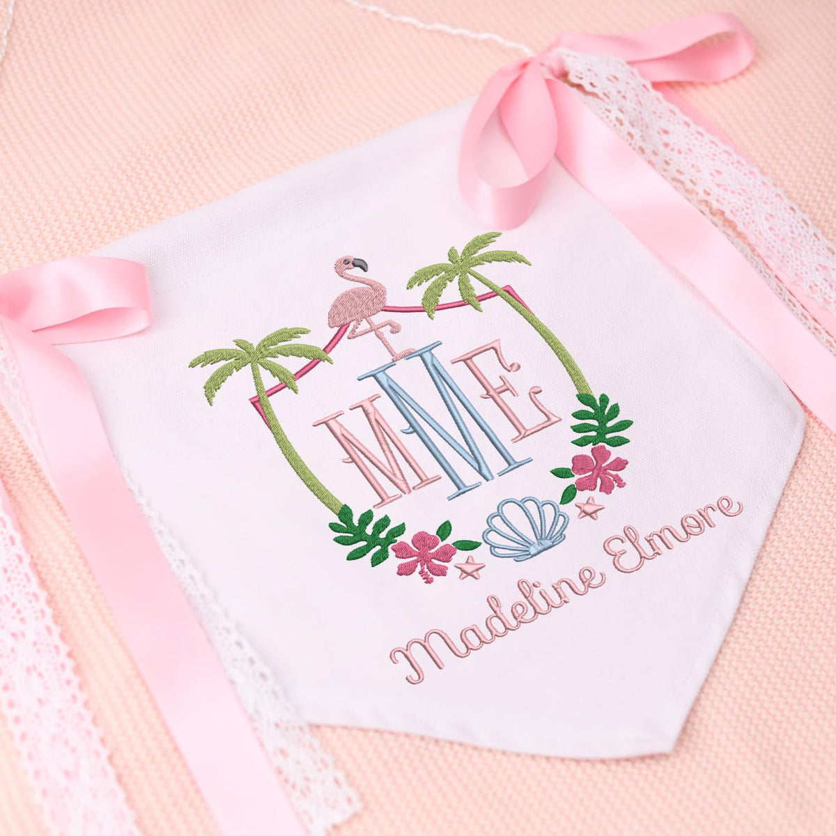 Custom Baby Flamingo Banner with Embroidered Name, Baby Crib Hanging Pennant Flag, Baby Room Front Door Sign, Gift For Baby