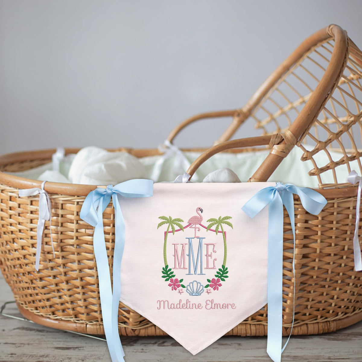 Custom Baby Flamingo Banner with Embroidered Name, Baby Crib Hanging Pennant Flag, Baby Room Front Door Sign, Gift For Baby