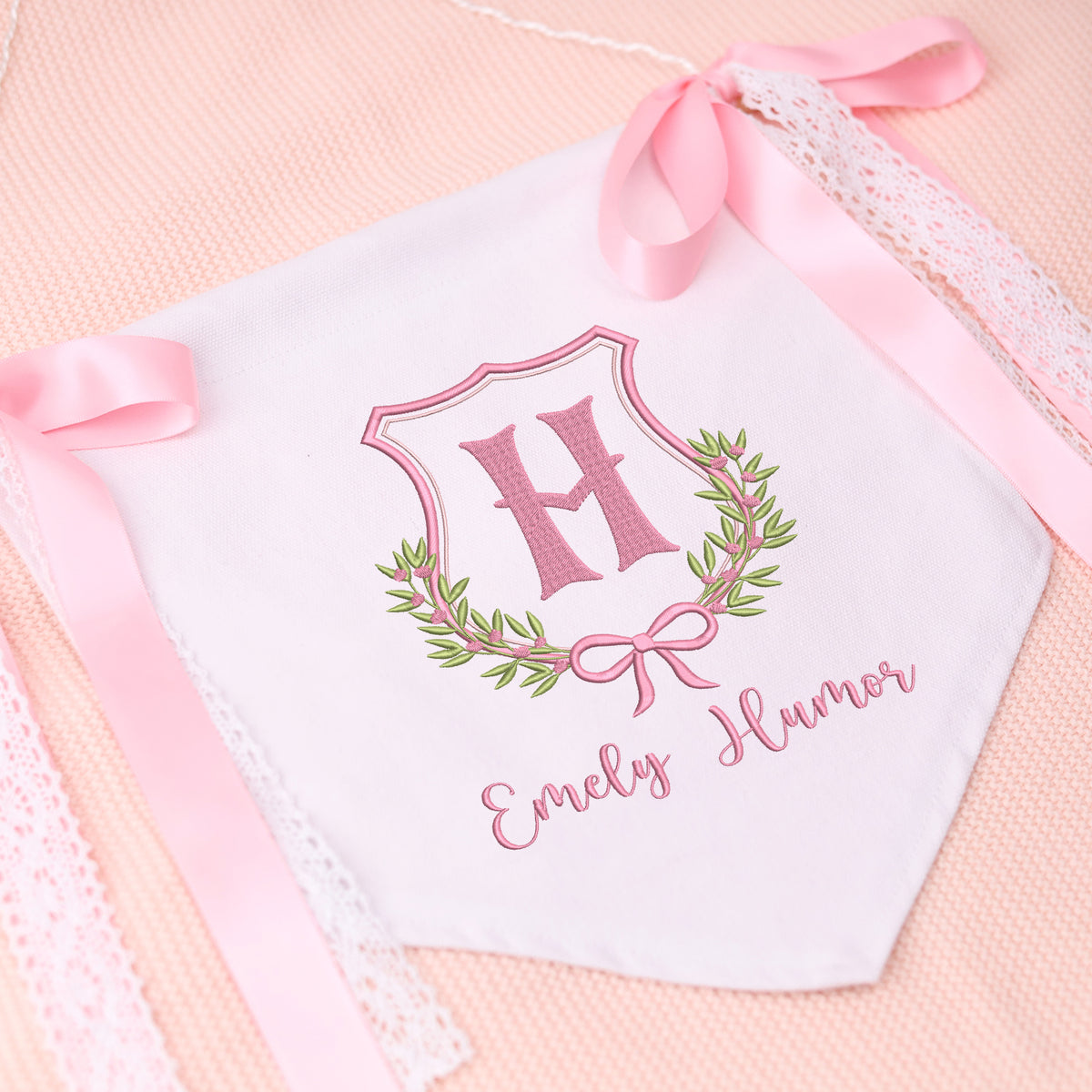 Custom Baby Flowers Banner with Embroidered Name, Welcome Banner, Baby Shower with Bows, Baby Crib Hanging Pennant Flag, Great gift for baby