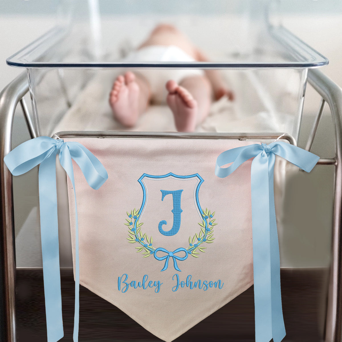 Custom Baby Flowers Banner with Embroidered Name, Welcome Banner, Baby Shower with Bows, Baby Crib Hanging Pennant Flag, Great gift for baby