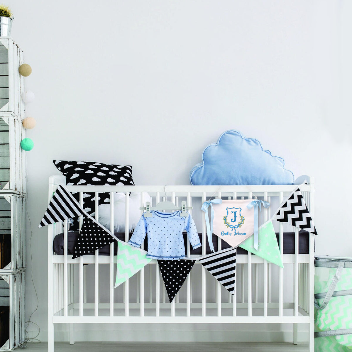Custom Baby Flowers Banner with Embroidered Name, Welcome Banner, Baby Shower with Bows, Baby Crib Hanging Pennant Flag, Great gift for baby