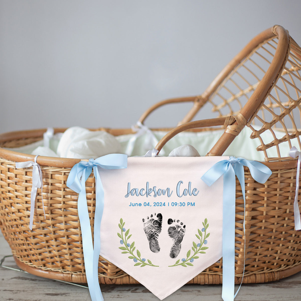 Custom Baby Footprint Banner with Bows, Personalized Embroidered Baby Name & Birth, Embroidered Welcome Banner for Girl Boy, Baby Birth Announcement Sign