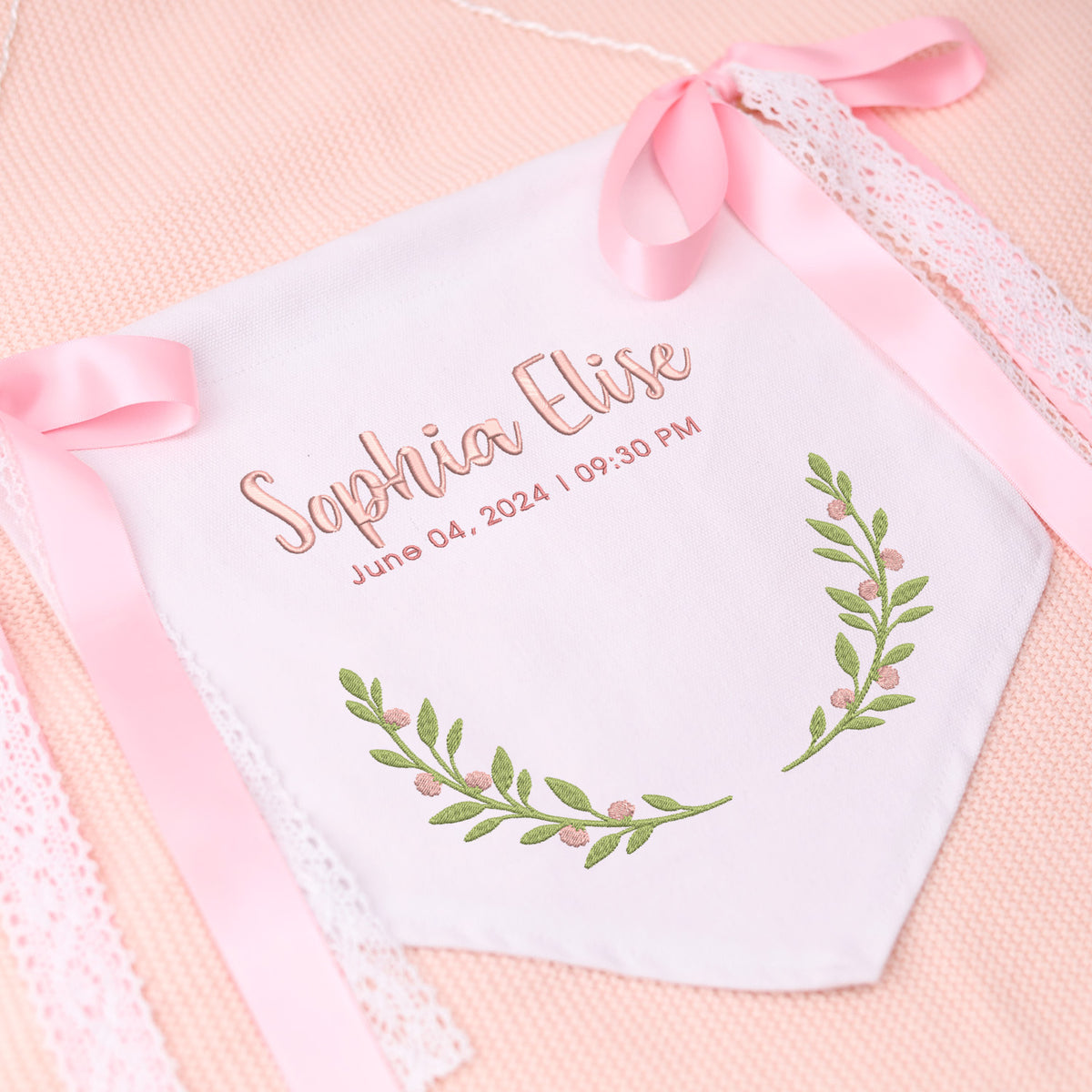 Custom Baby Footprint Banner with Bows, Personalized Embroidered Baby Name & Birth, Embroidered Welcome Banner for Girl Boy, Baby Birth Announcement Sign