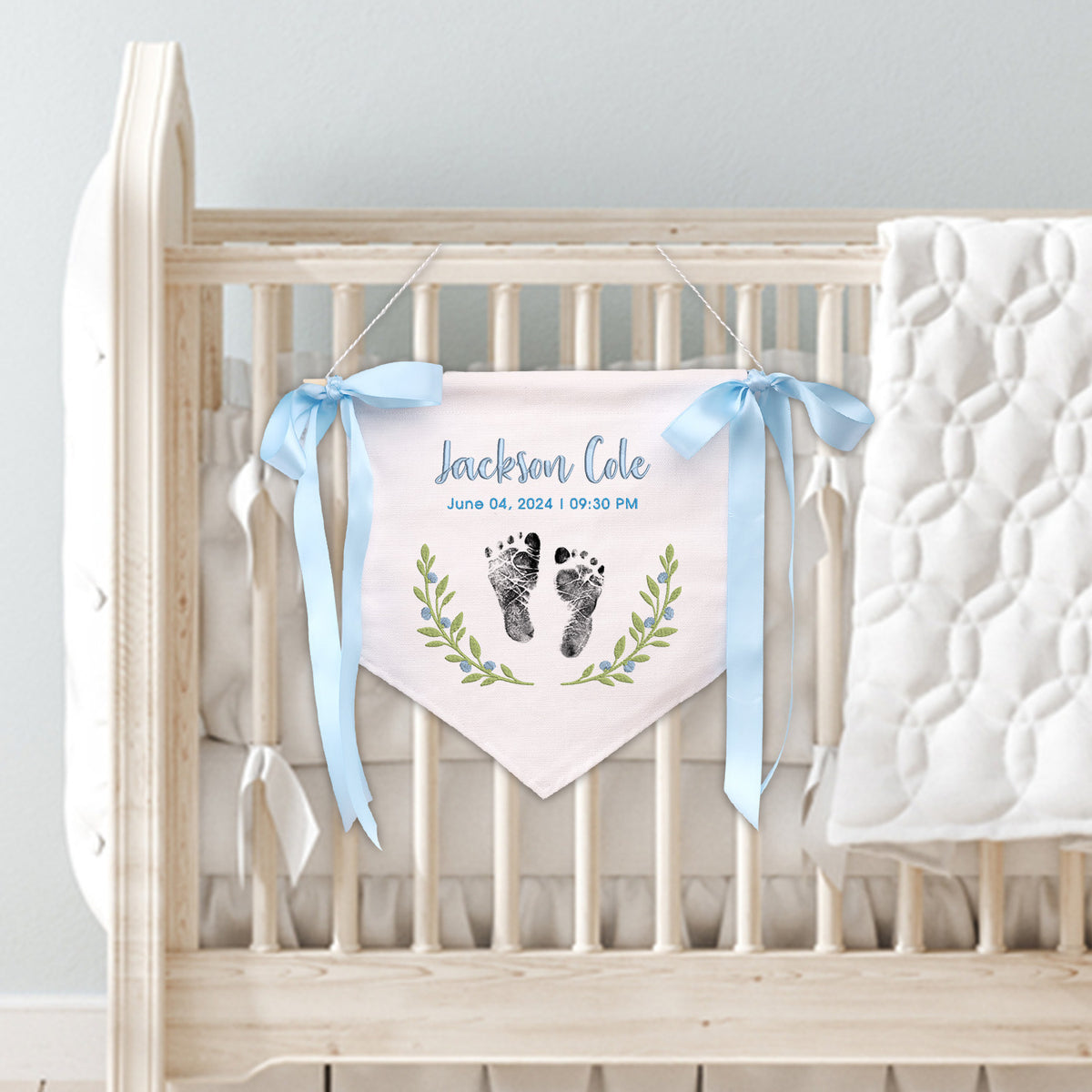 Custom Baby Footprint Banner with Bows, Personalized Embroidered Baby Name & Birth, Embroidered Welcome Banner for Girl Boy, Baby Birth Announcement Sign