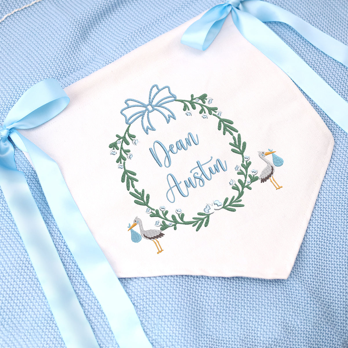 Custom Baby Stork Banner with Embroidered Name, Welcome Banner, Hospital Door Sign, Baby Shower with Bows, Baby Flag Custom
