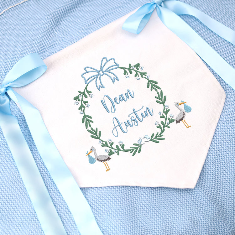Custom Baby Stork Banner with Embroidered Name, Welcome Banner, Hospital Door Sign, Baby Shower with Bows, Baby Flag Custom