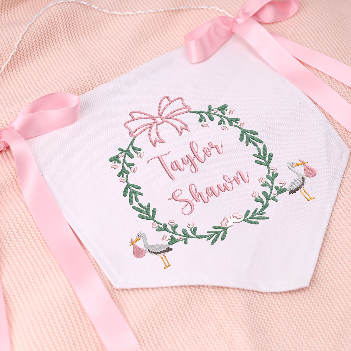 Custom Baby Stork Banner with Embroidered Name, Welcome Banner, Hospital Door Sign, Baby Shower with Bows, Baby Flag Custom