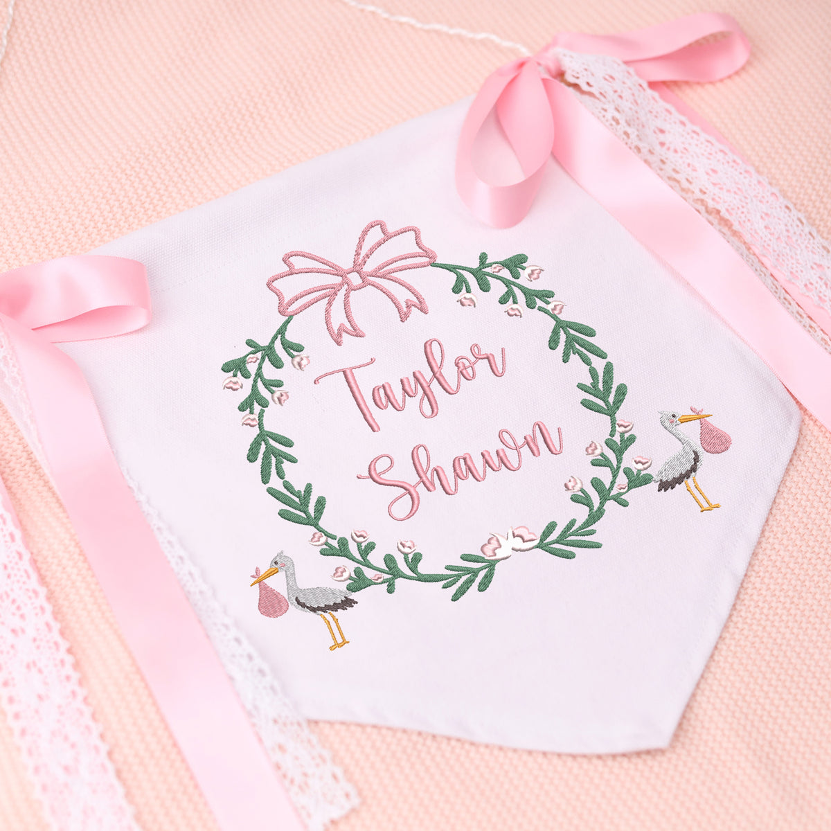 Custom Baby Stork Banner with Embroidered Name, Welcome Banner, Hospital Door Sign, Baby Shower with Bows, Baby Flag Custom