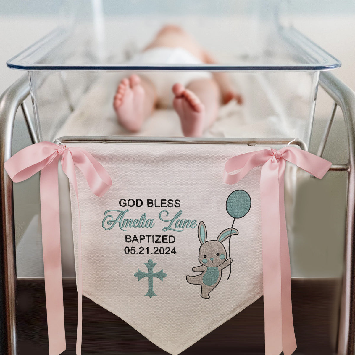 Custom Baptism Banner with Embroidered Cross, Baby Crib Canvas Hanging Pennant Flag, Baby Room Front Door Sign, Great Gift For Baby