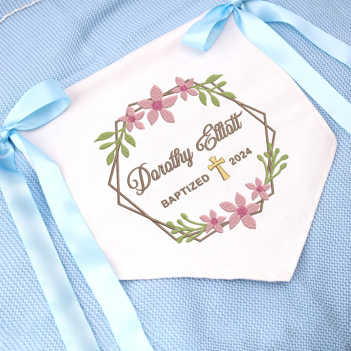 Custom Baptism Banner with Embroidered Cross, Baby Crib Canvas Hanging Pennant Flag, Newborn Baby Banner with Bows Ribbon