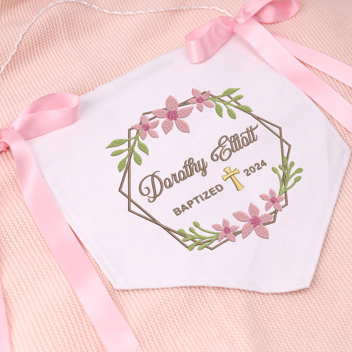 Custom Baptism Banner with Embroidered Cross, Baby Crib Canvas Hanging Pennant Flag, Newborn Baby Banner with Bows Ribbon