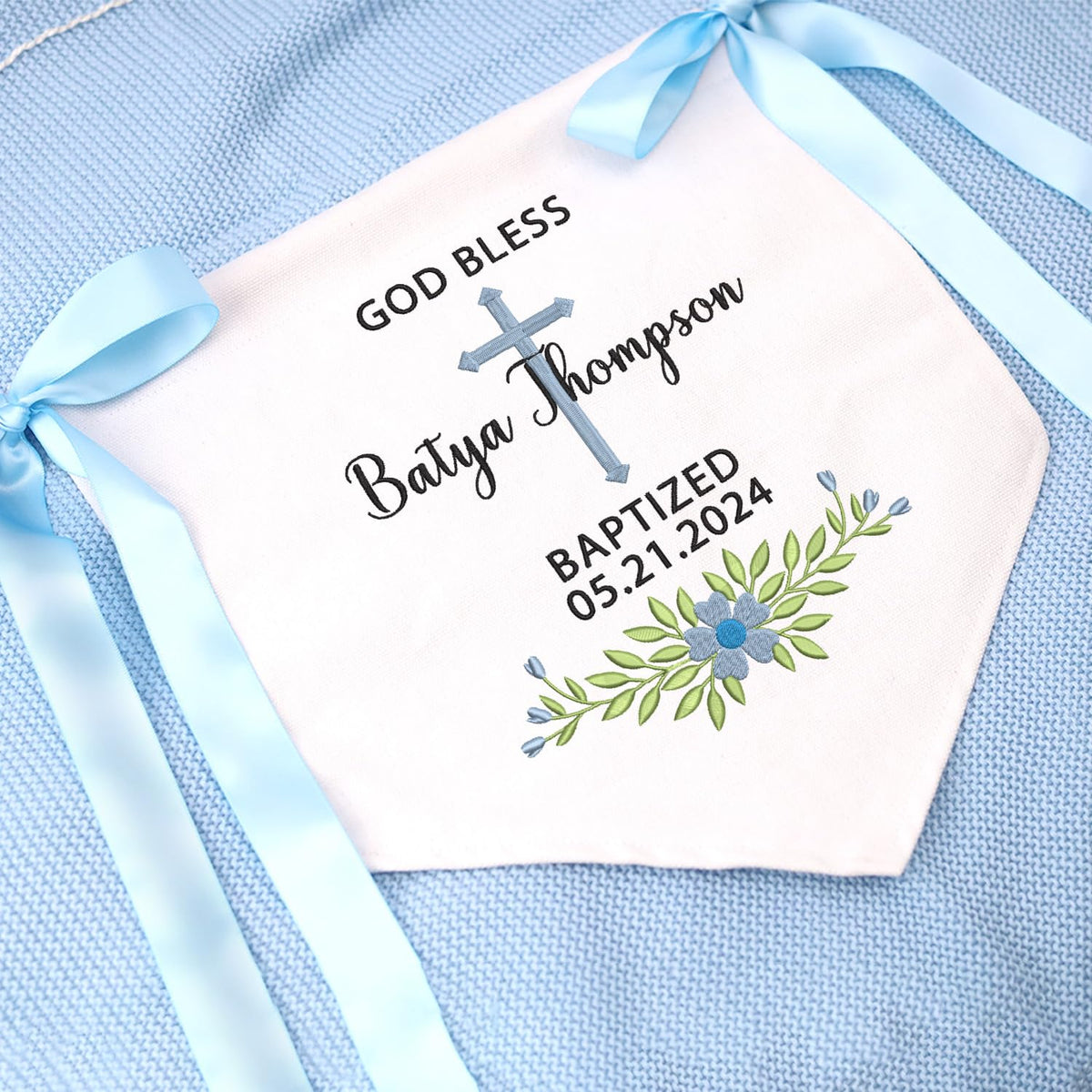Custom Baptism Banner with Embroidered Cross, Baby Crib Canvas Hanging Pennant Flag, Newborn Baby Banner with Bows Ribbon, Baby Room Front Door Sign