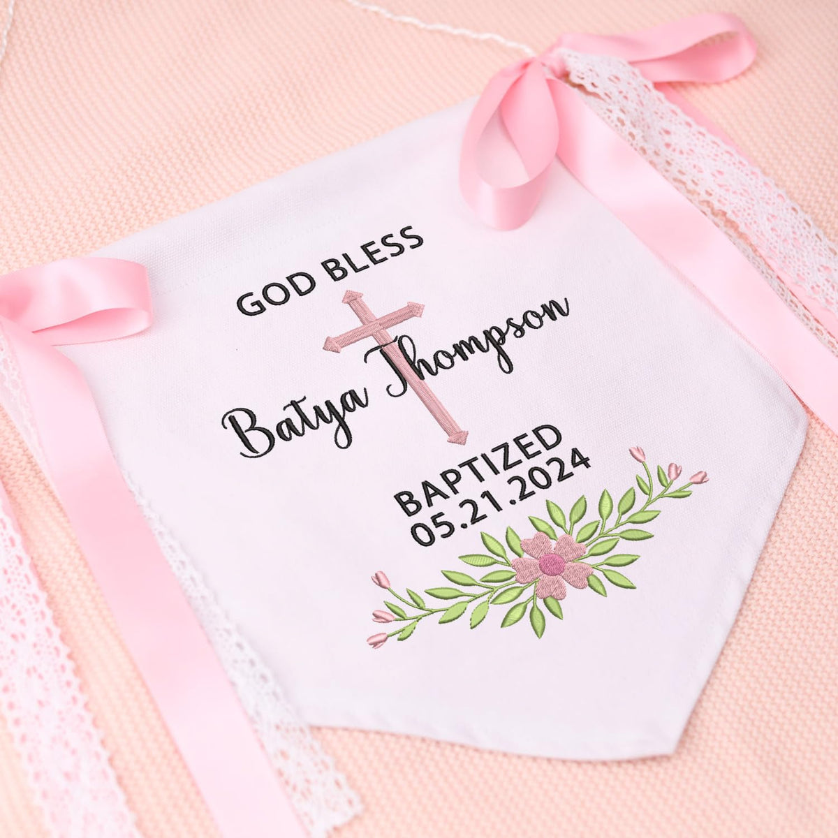 Custom Baptism Banner with Embroidered Cross, Baby Crib Canvas Hanging Pennant Flag, Newborn Baby Banner with Bows Ribbon, Baby Room Front Door Sign