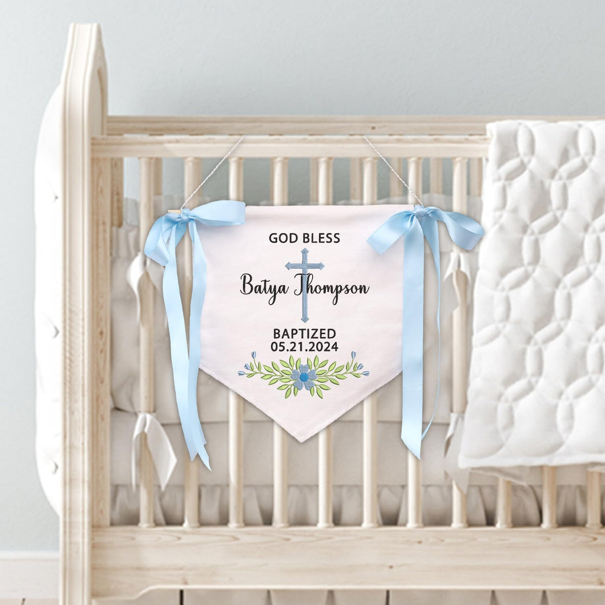 Custom Baptism Banner with Embroidered Cross, Baby Crib Canvas Hanging Pennant Flag, Newborn Baby Banner with Bows Ribbon, Baby Room Front Door Sign