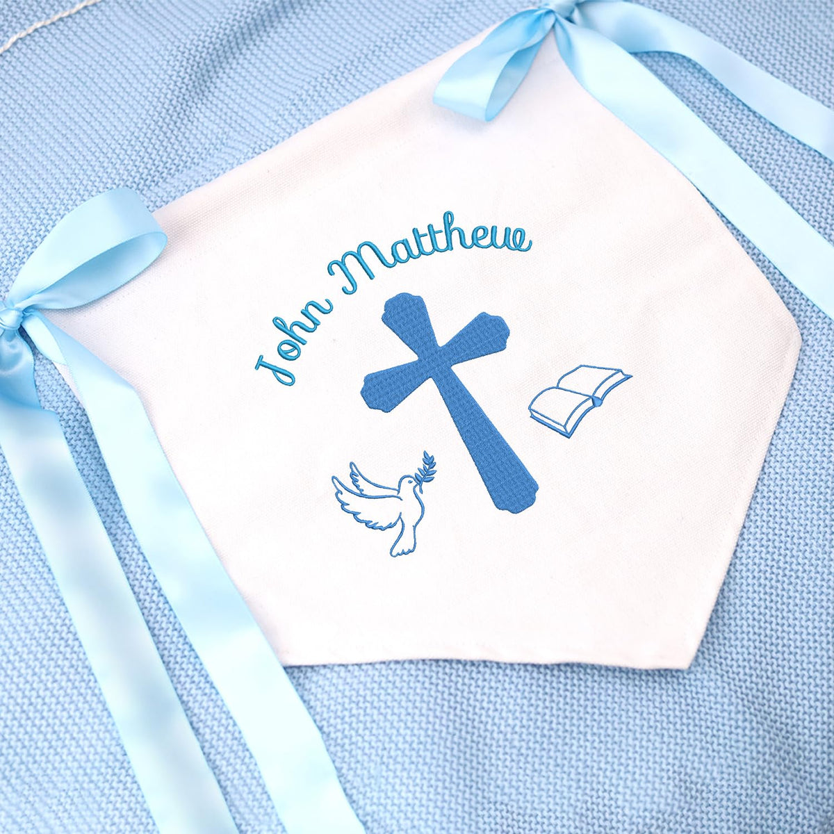 Custom Baptism Banner with Embroidered Cross, Baby Crib Canvas Hanging Pennant Flag, Newborn Baby Banner with Bows Ribbon, Gift For Baby