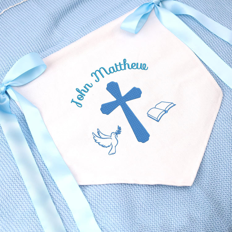 Custom Baptism Banner with Embroidered Cross, Baby Crib Canvas Hanging Pennant Flag, Newborn Baby Banner with Bows Ribbon, Gift For Baby