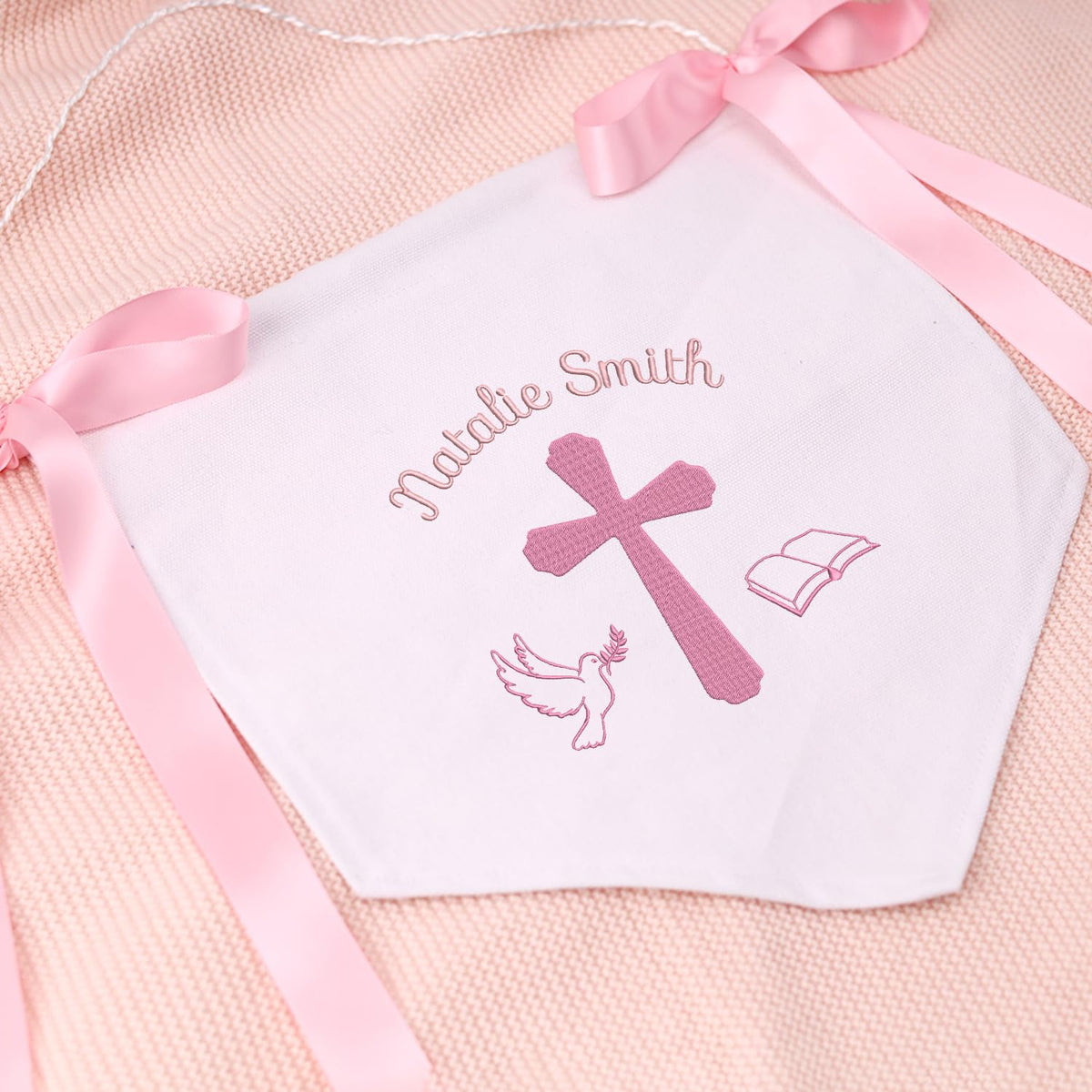 Custom Baptism Banner with Embroidered Cross, Baby Crib Canvas Hanging Pennant Flag, Newborn Baby Banner with Bows Ribbon, Gift For Baby