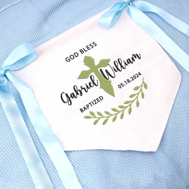 Custom Baptism Banner with Embroidered Cross, Newborn Baby Banner with Bows Ribbon,  Baby Crib Canvas Hanging Pennant Flag