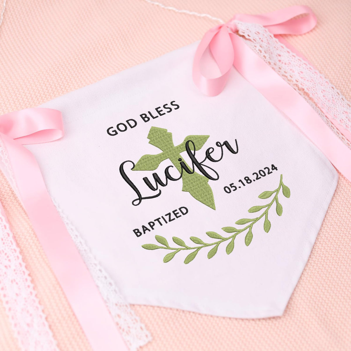 Custom Baptism Banner with Embroidered Cross, Newborn Baby Banner with Bows Ribbon,  Baby Crib Canvas Hanging Pennant Flag
