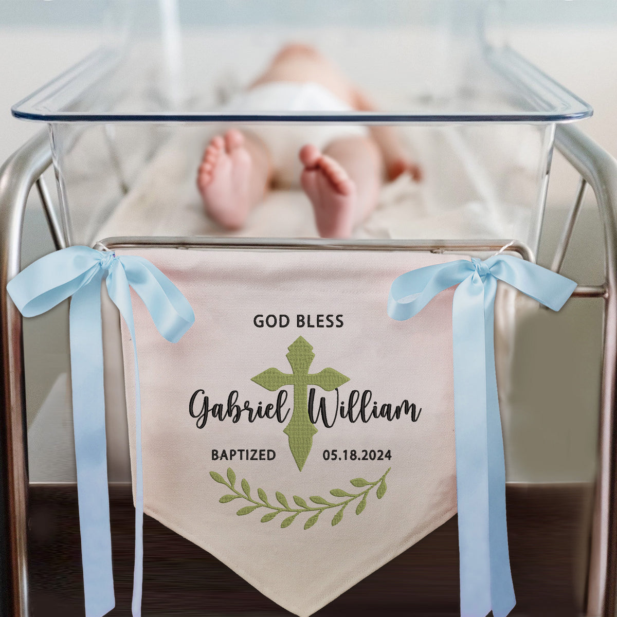 Custom Baptism Banner with Embroidered Cross, Newborn Baby Banner with Bows Ribbon,  Baby Crib Canvas Hanging Pennant Flag