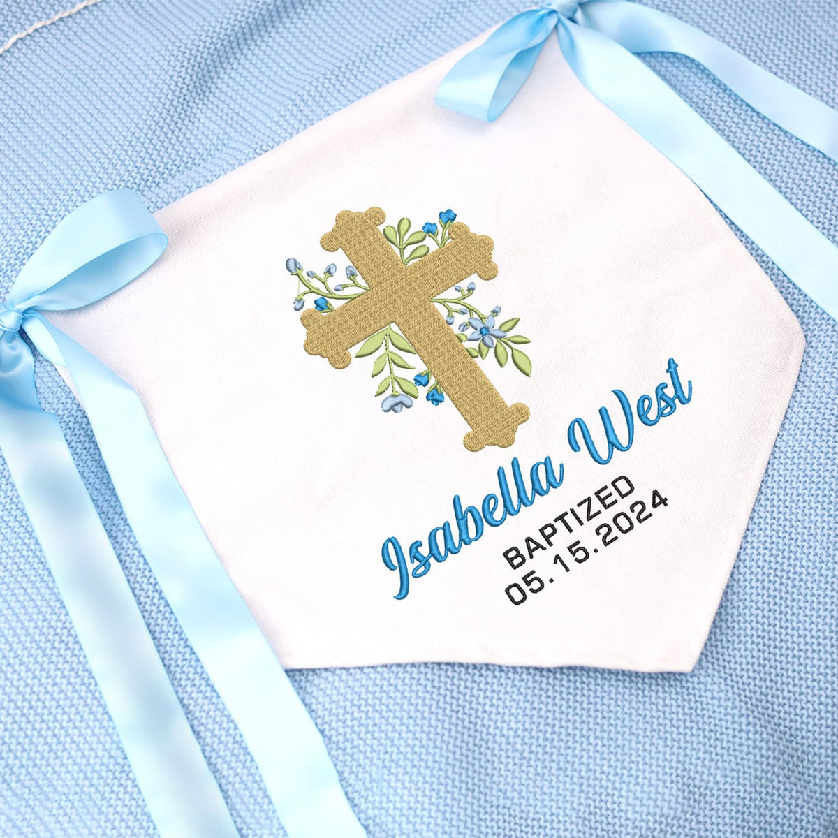 Custom Baptism Banner with Embroidered Cross, Newborn Baby Banner with Bows Ribbon, Baby Crib Canvas Hanging Pennant Flag, Gift For Baby