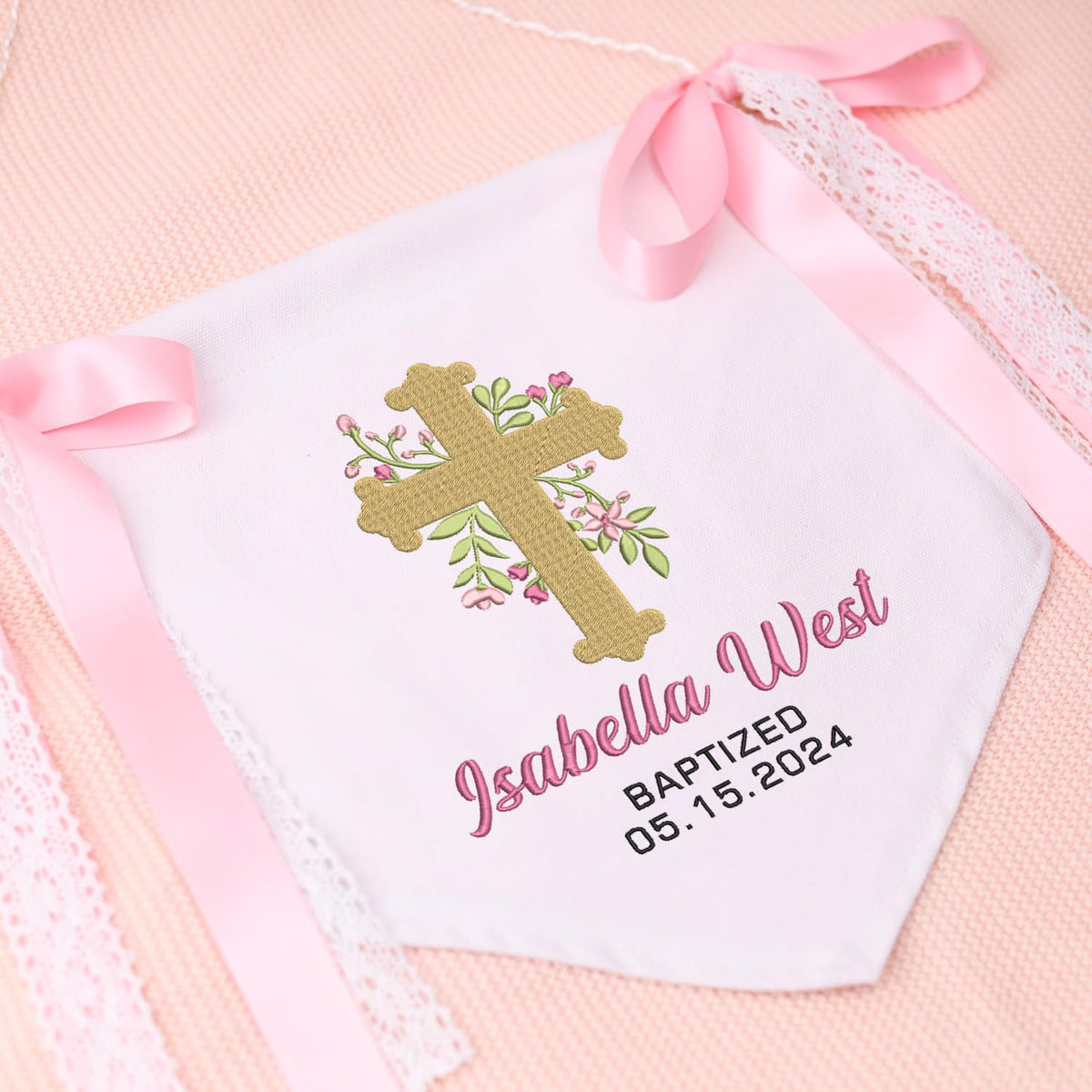 Custom Baptism Banner with Embroidered Cross, Newborn Baby Banner with Bows Ribbon, Baby Crib Canvas Hanging Pennant Flag, Gift For Baby