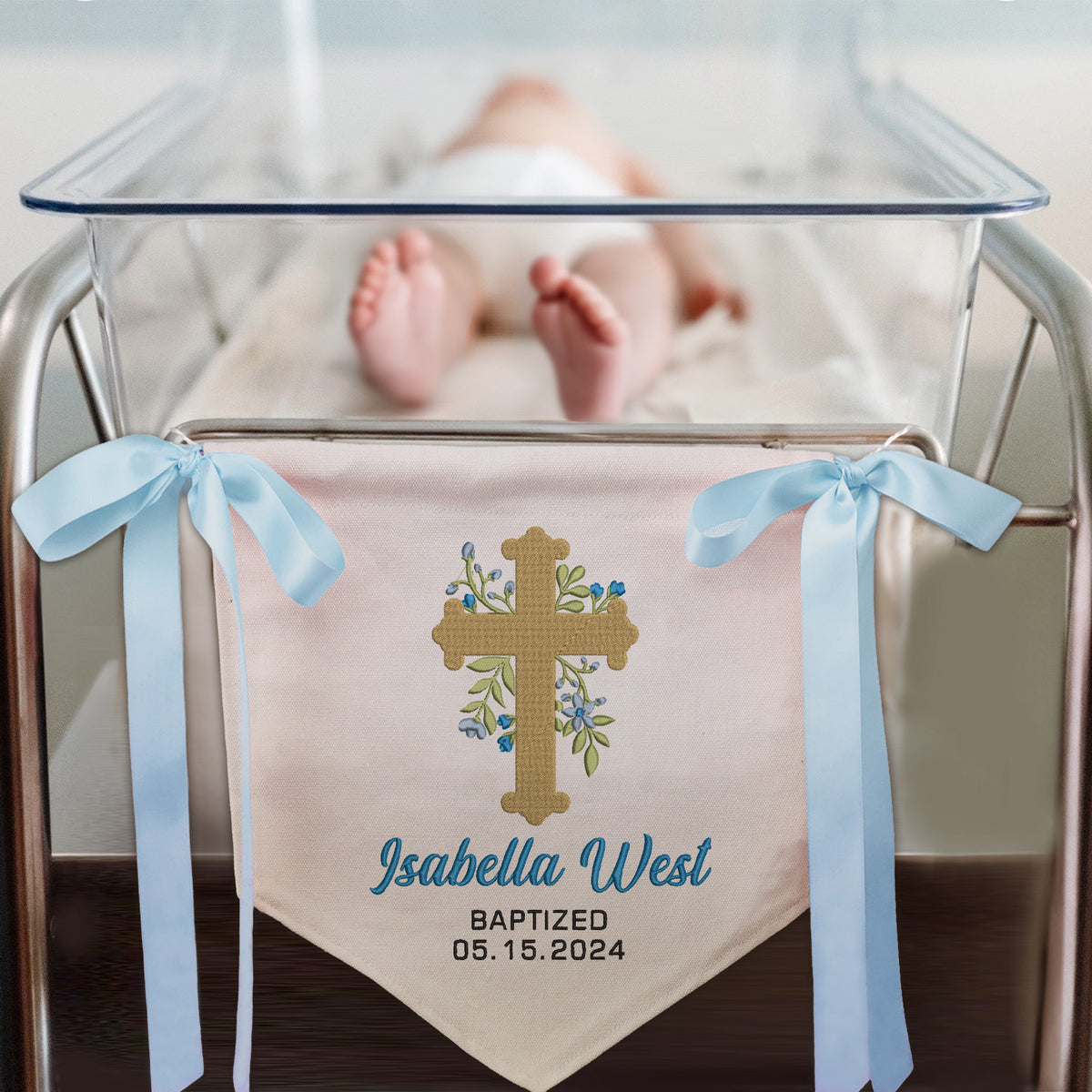 Custom Baptism Banner with Embroidered Cross, Newborn Baby Banner with Bows Ribbon, Baby Crib Canvas Hanging Pennant Flag, Gift For Baby