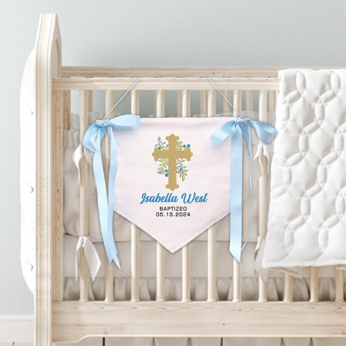 Custom Baptism Banner with Embroidered Cross, Newborn Baby Banner with Bows Ribbon, Baby Crib Canvas Hanging Pennant Flag, Gift For Baby