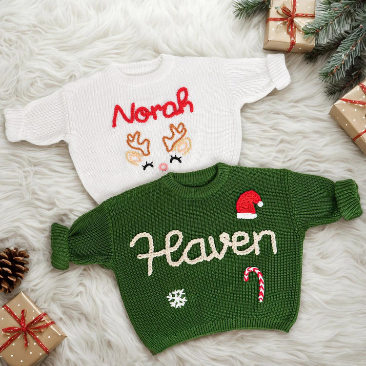 Custom Hand Embroidered Sweater Baby Name, Baby Holiday Sweater With Name, Baby First Christmas Sweater, Custom Baby Gift