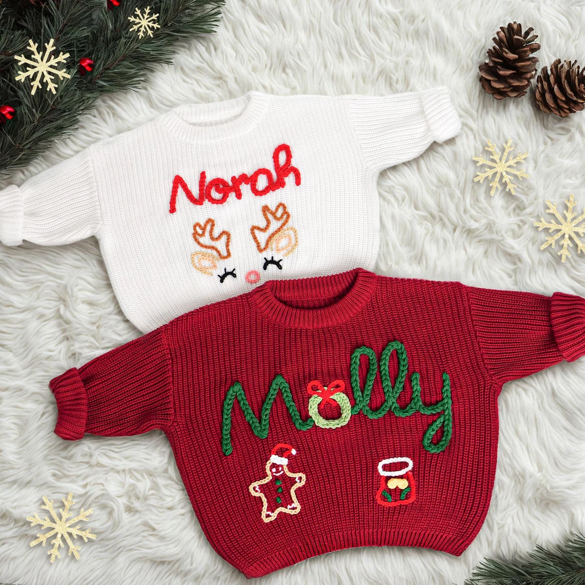 Custom Hand Embroidered Sweater Baby Name, Baby Holiday Sweater With Name, Baby First Christmas Sweater, Custom Baby Gift