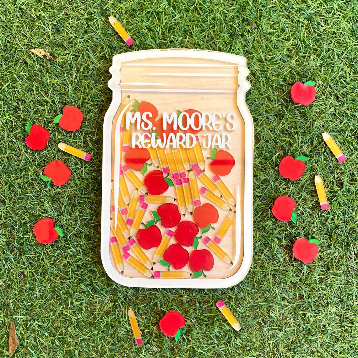 Custom Kids Reward Jar For Classroom, Apples and Pencils Reward Jar for Teacher, Back To School Gift