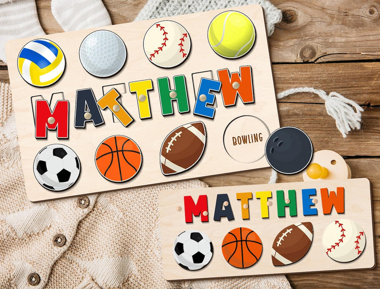 Custom Wooden Name Puzzle, Baby Shower Gift, Ball Game Sports Theme Name Puzzle