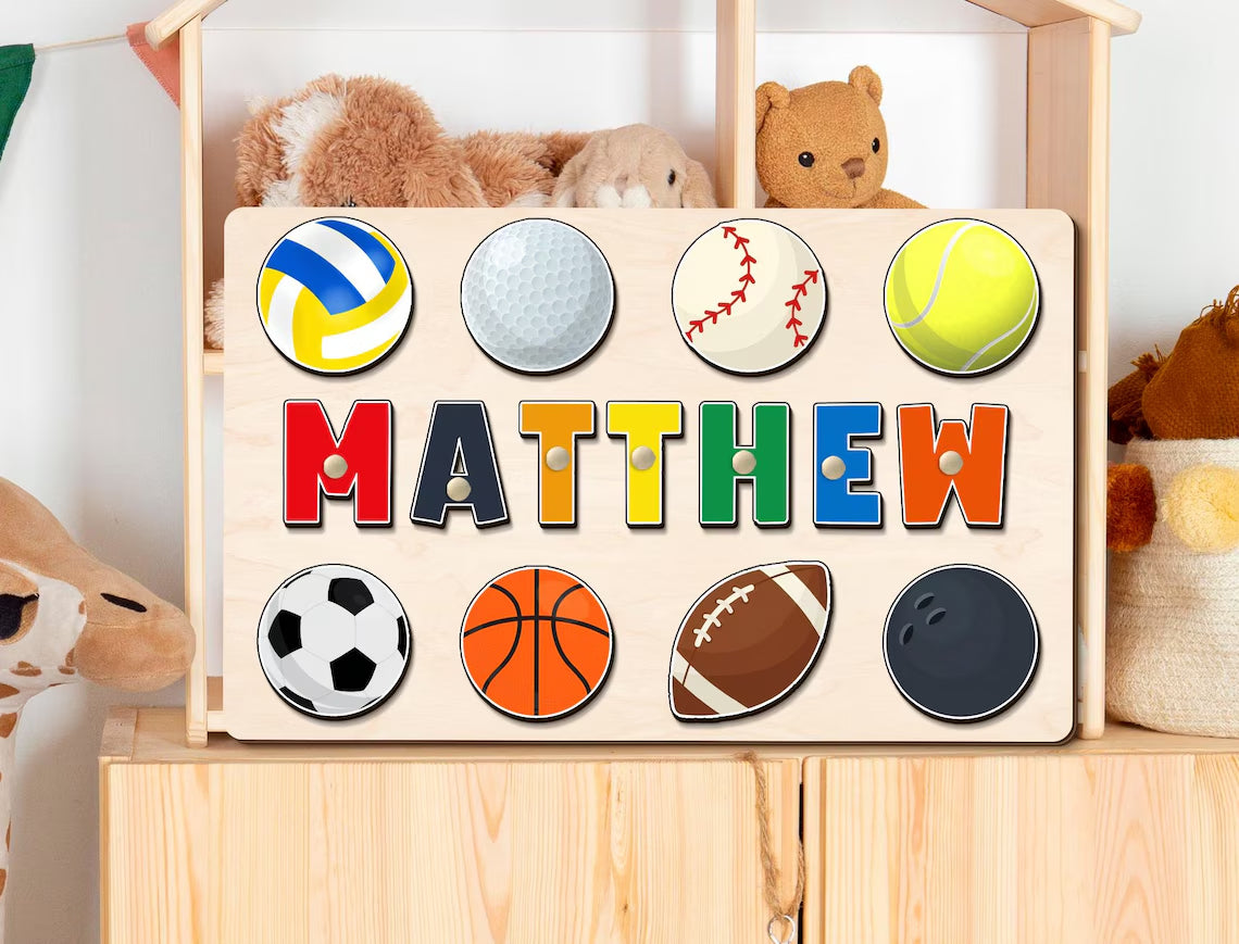 Custom Wooden Name Puzzle, Baby Shower Gift, Ball Game Sports Theme Name Puzzle