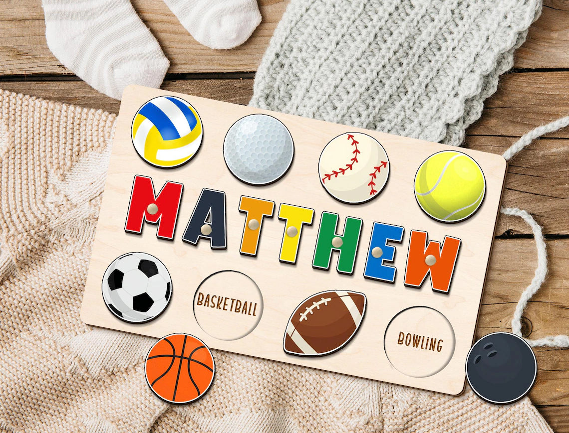 Custom Wooden Name Puzzle, Baby Shower Gift, Ball Game Sports Theme Name Puzzle