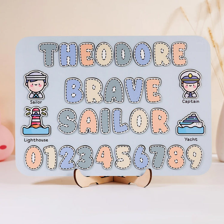 Cute Baby Personalized Wooden Name Puzzle With Numbers, Sailor, Wooden Toddler Toy, Back To School Gift