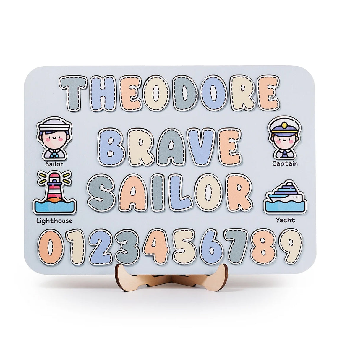 Cute Baby Personalized Wooden Name Puzzle With Numbers, Sailor, Wooden Toddler Toy, Back To School Gift