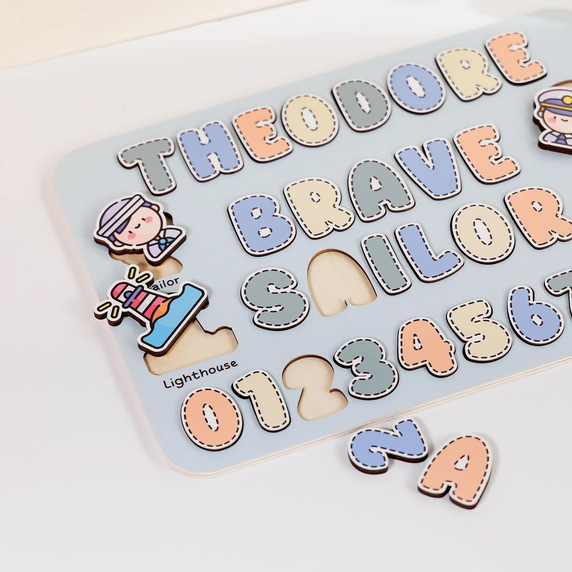Cute Baby Personalized Wooden Name Puzzle With Numbers, Sailor, Wooden Toddler Toy, Back To School Gift