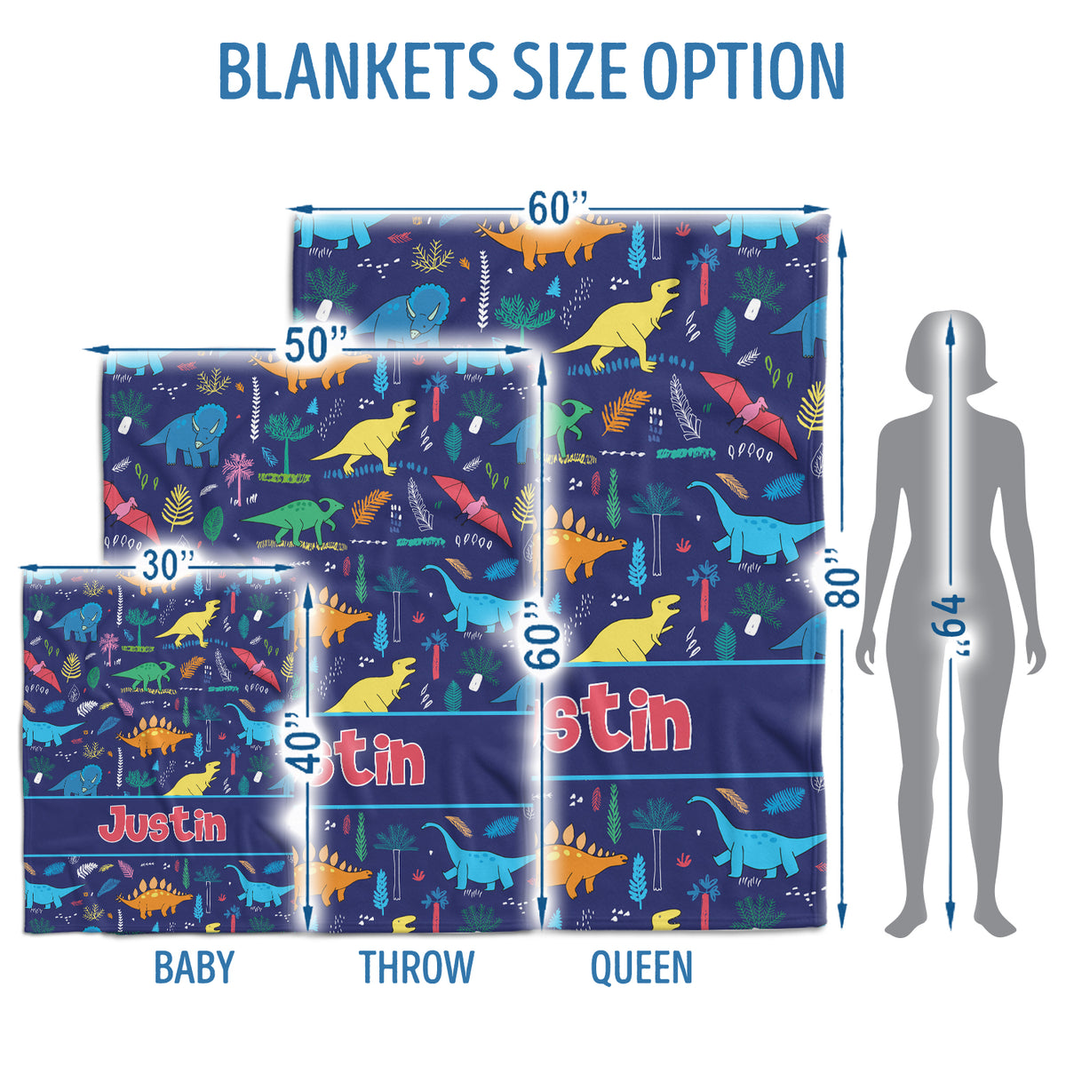 Dinosaur Baby Blankets, Personalized Baby Blankets, 3 Sizes Plush Blankets for Infant Newborn Kid Son Daughter