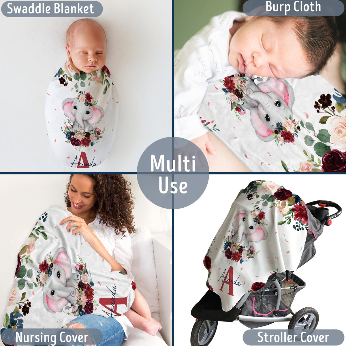 Elephant Baby Blankets - Personalized Custom Swaddle Blankets for Girls, Plush for Infant Daughter/Granddaughter