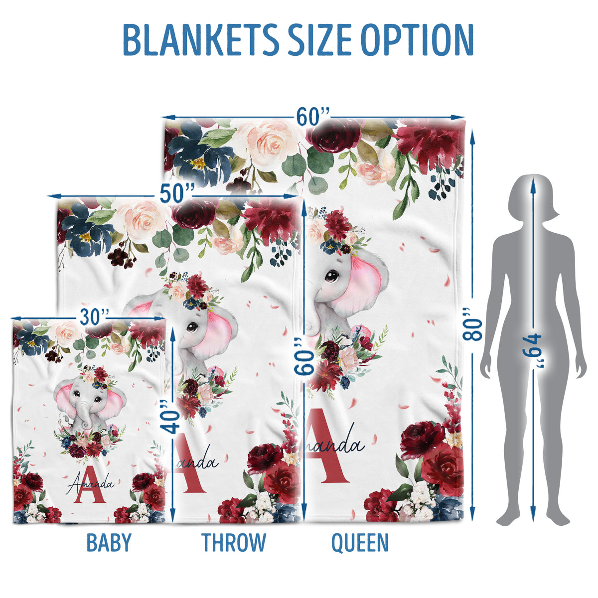 Elephant Baby Blankets - Personalized Custom Swaddle Blankets for Girls, Plush for Infant Daughter/Granddaughter