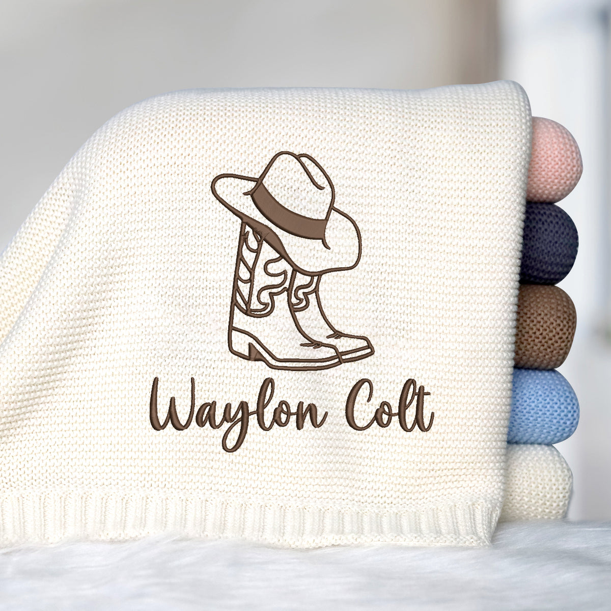 Embroidered Baby Blanket Name, Personalized Baby Blanket with Name for Boy Girl, Strollers Blanket, Car Seat Blanket Cowboy