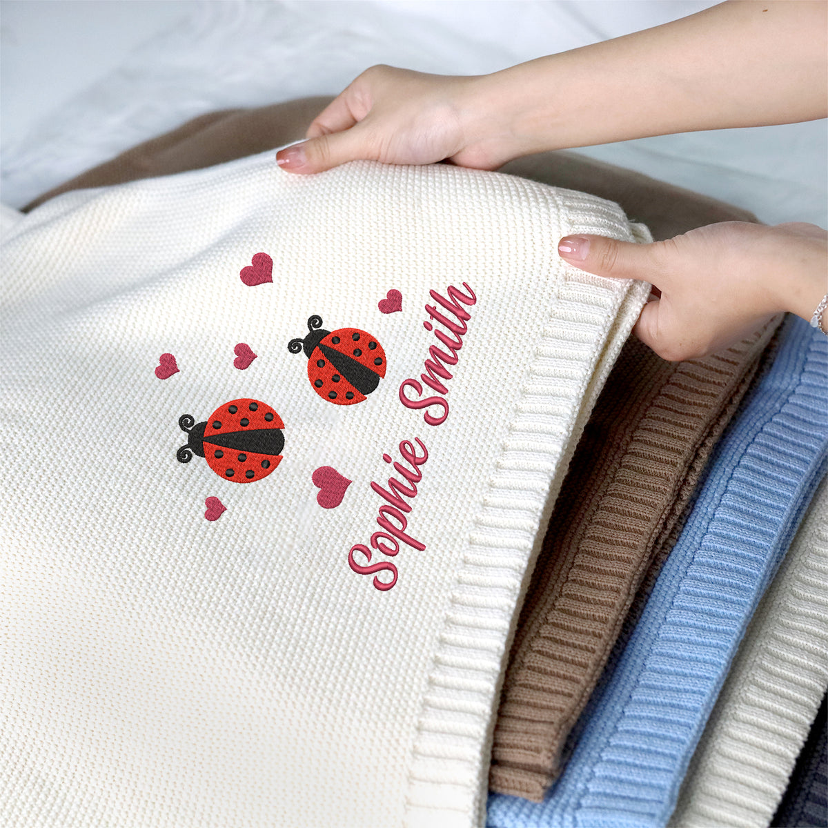 Embroidered Baby Blanket with Name, Personalized Baby Blanket Name for Boys Girls, Custom Baby Name Blankets (Lady Bug)