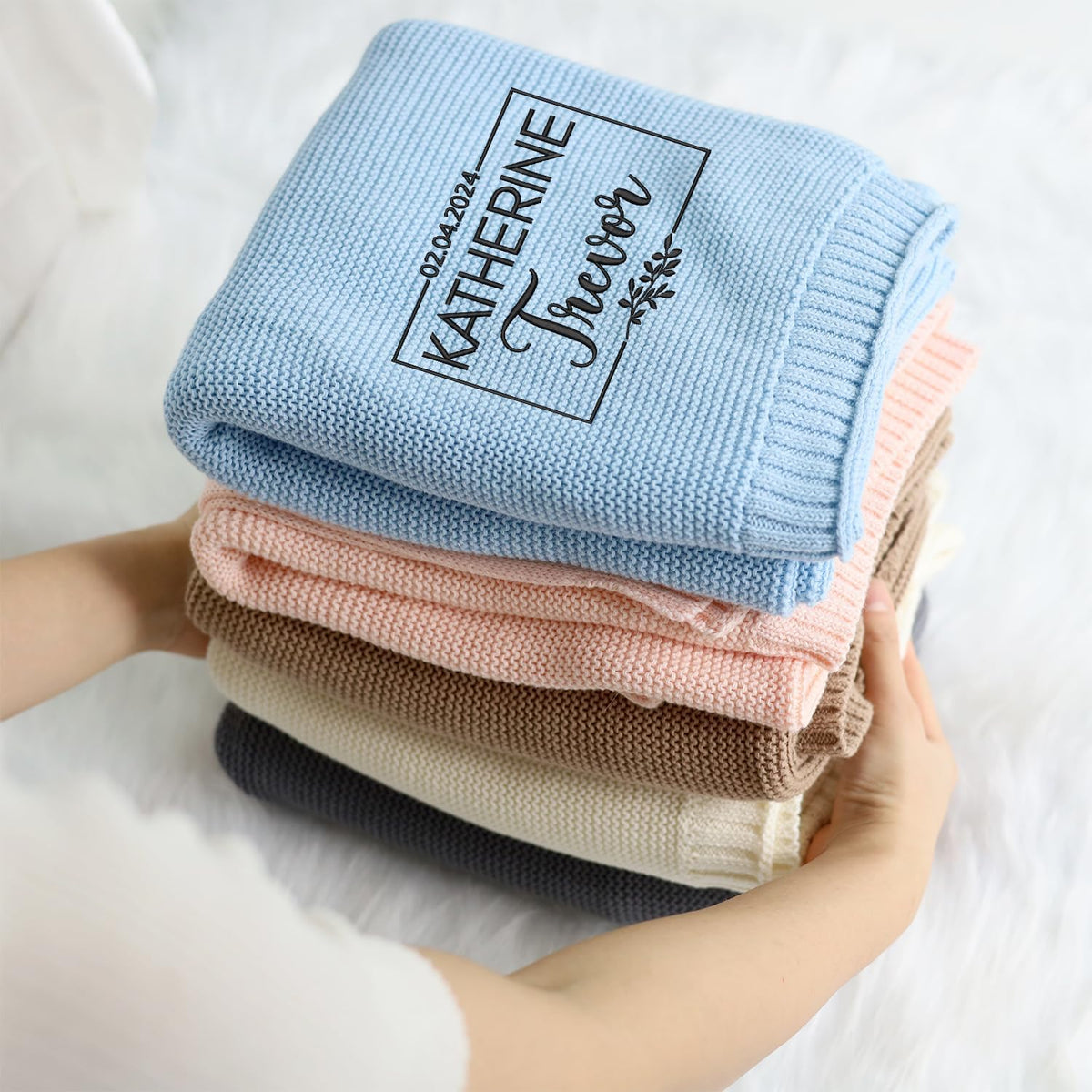 Embroidered Baby Blanket with Name, Personalized Baby Blanket for Boys Girls, Cotton Knit Blankets, Embroidery Blanket for Strollers Car Seat