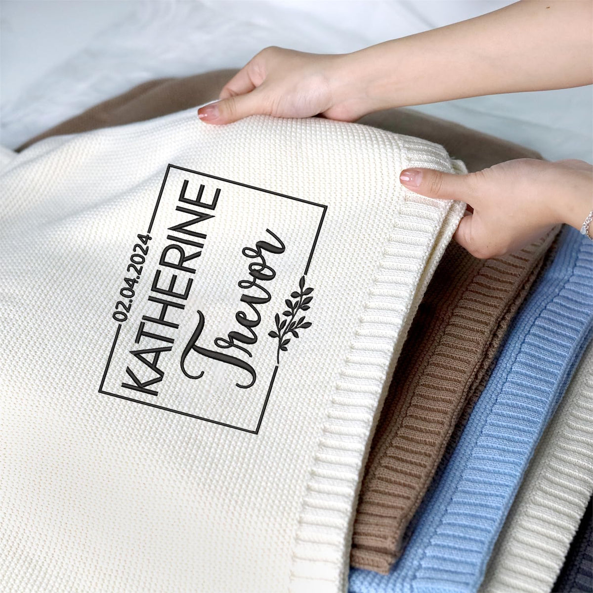 Embroidered Baby Blanket with Name, Personalized Baby Blanket for Boys Girls, Cotton Knit Blankets, Embroidery Blanket for Strollers Car Seat
