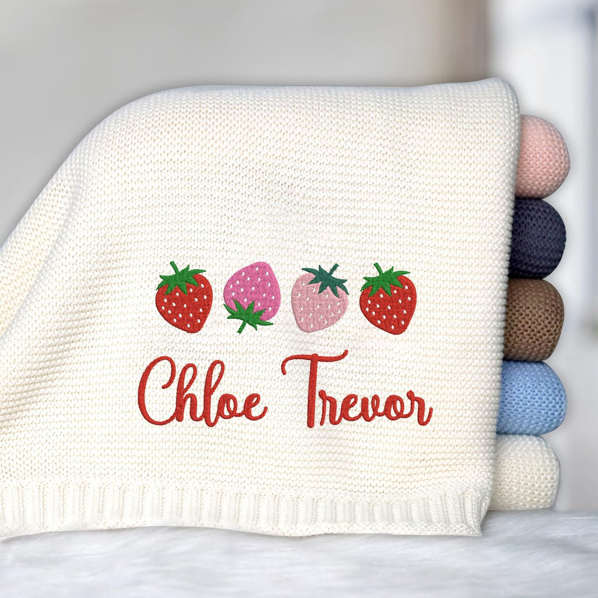 Embroidered Baby Blanket with Name, Personalized Baby Blanket for Boys Girls, Strawberry Baby Blanket, Embroidery Blanket for Strollers